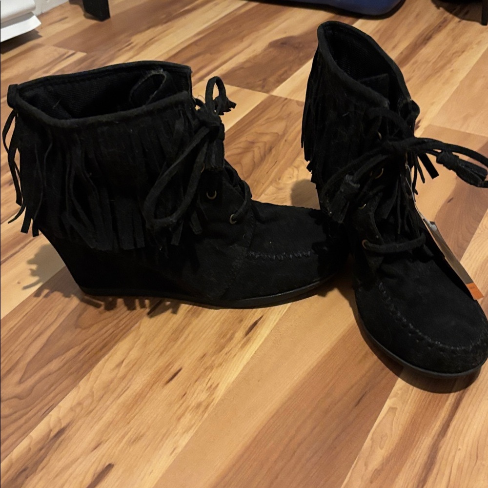 Route 66 Black Fringe Wedge Shoes